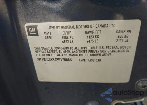 2008 Chevrolet Impala Lt from USA, damaged, VIN 2G1WC583489176556